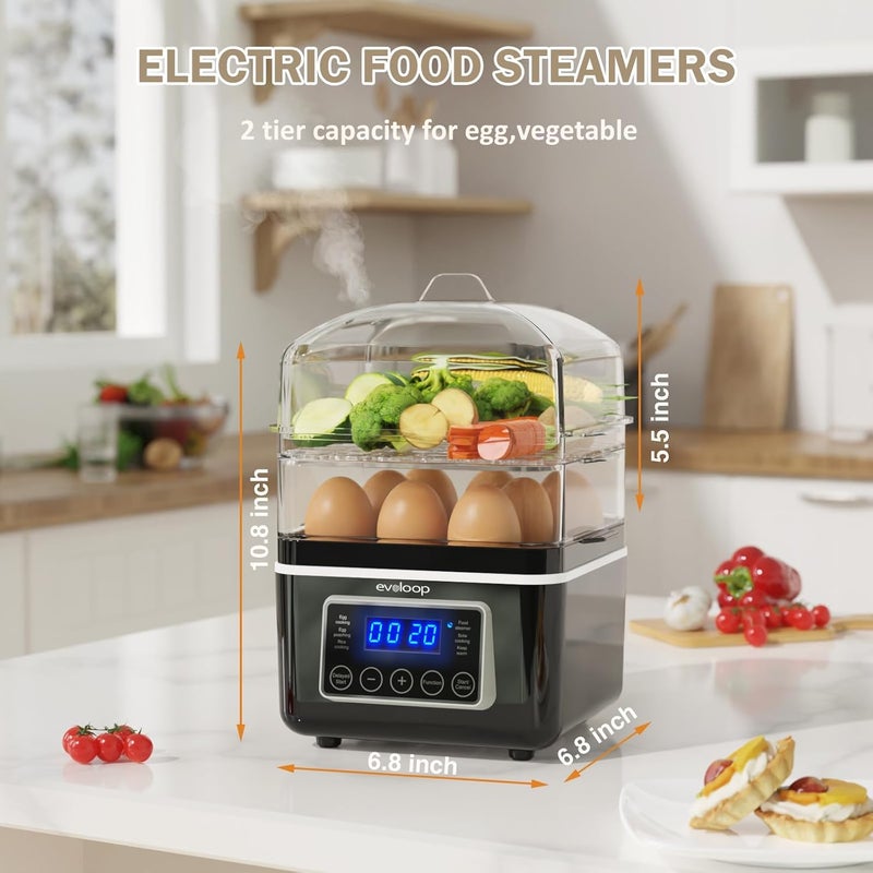 evoloop 2 Tiers Electric Food Steamer for Cooking, 4 QT Digital Multi Vegetable Steamer with BPA-Free Stackable Baskets, Rapid Egg Cooker Egg Steamer with Auto Shut-Off, Ideal for Veggies, Seafood, Rice - Image 2